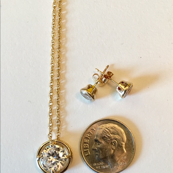 14k Gold CZ Bezel Necklace & Earrings Set - Picture 5 of 6